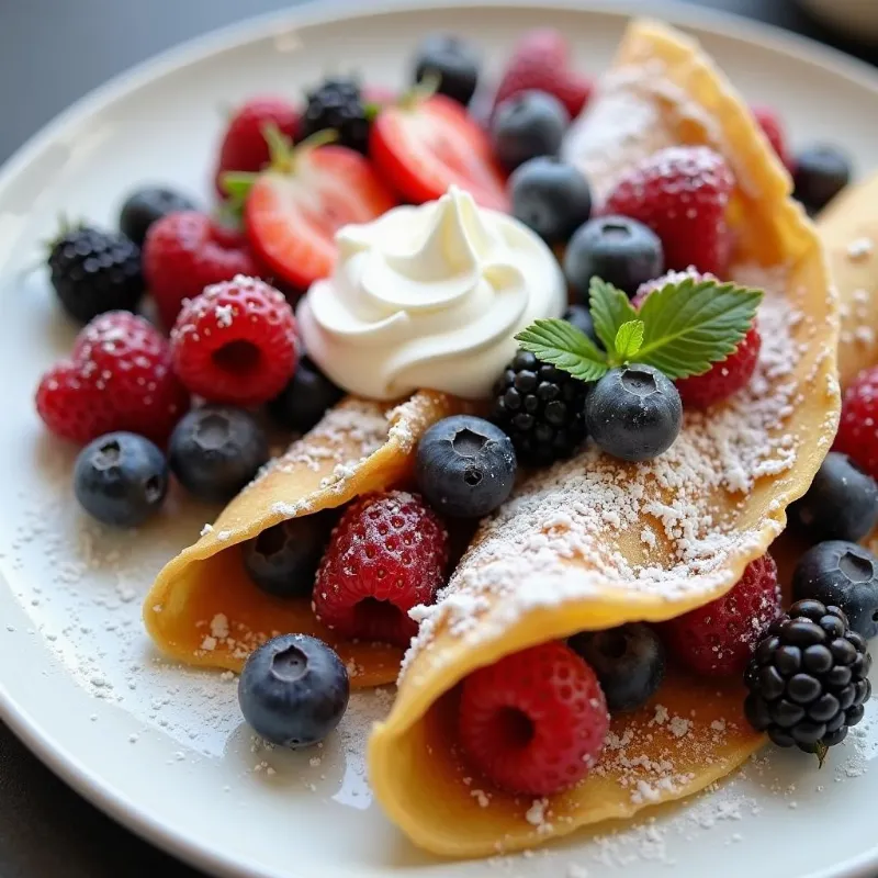 Plate of vegan crepes filled with fresh fruit and whipped cream