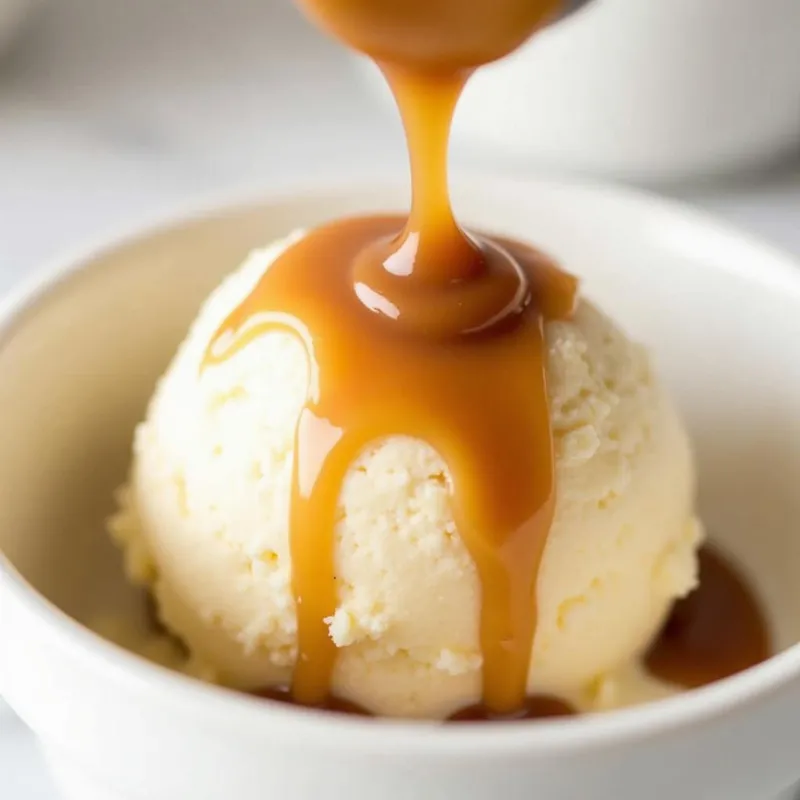 Vegan Date Caramel Sauce Drizzled over Vegan Ice Cream