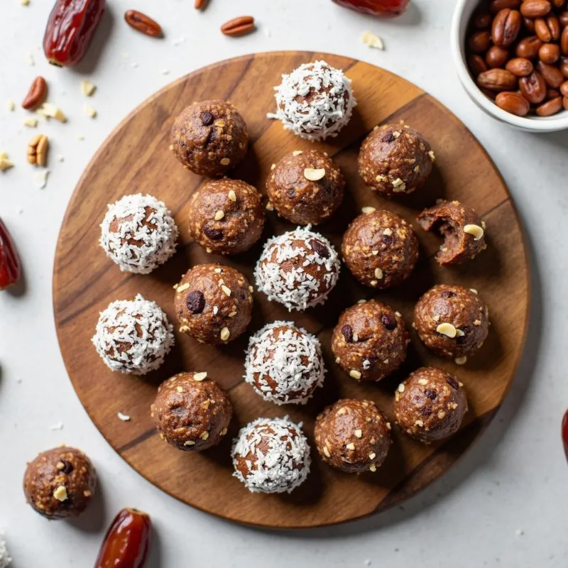 Assortment of No-Bake Vegan Date Energy Bites on a Wooden Board