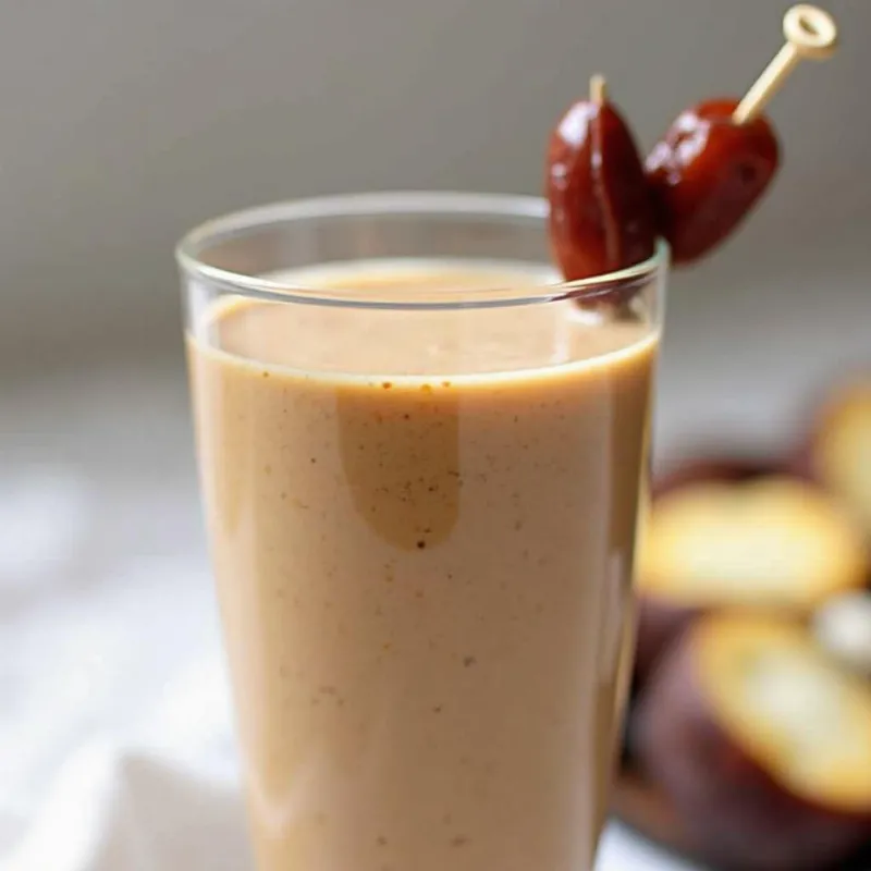 Tall Glass of Vegan Date Smoothie Garnished with Dates