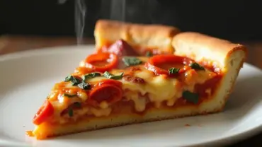 Slice of vegan deep dish pizza with melted cheese and toppings