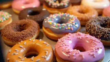 Vegan donut shop display case with colorful donuts