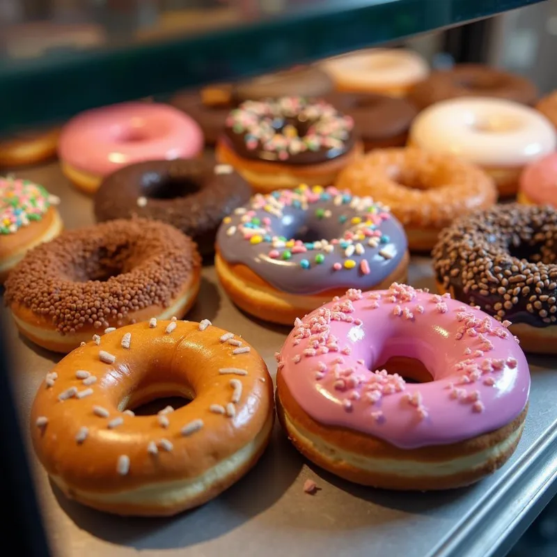 Vegan donut shop display case with colorful donuts