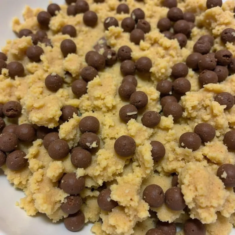 A close-up shot of vegan double chocolate chunk cookie dough being scooped onto a baking sheet.