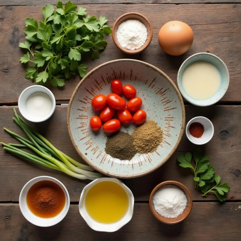 A flat lay of ingredients for vegan double chocolate chunk cookies, including flour, cocoa powder, sugar, and chocolate chunks.