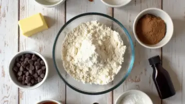 A flat lay of ingredients for vegan double chocolate cookies