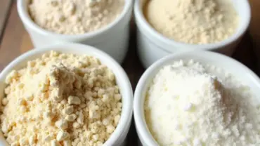 Different varieties of vegan dried milk powder displayed in bowls