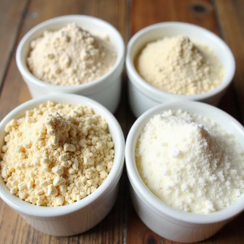 Different varieties of vegan dried milk powder displayed in bowls