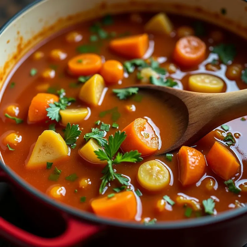 vegan stew simmering in a dutch oven