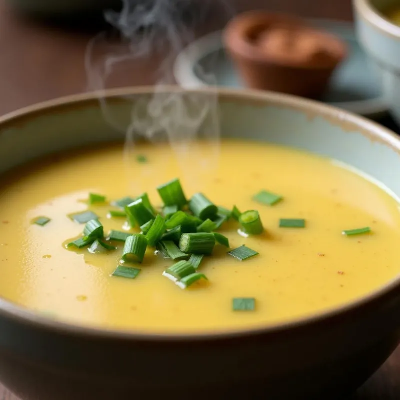 Vegan egg drop soup served in a bowl