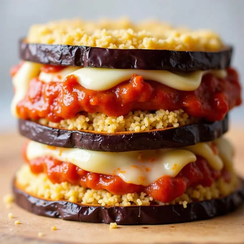 Sliced eggplant layered with marinara sauce and vegan cheese