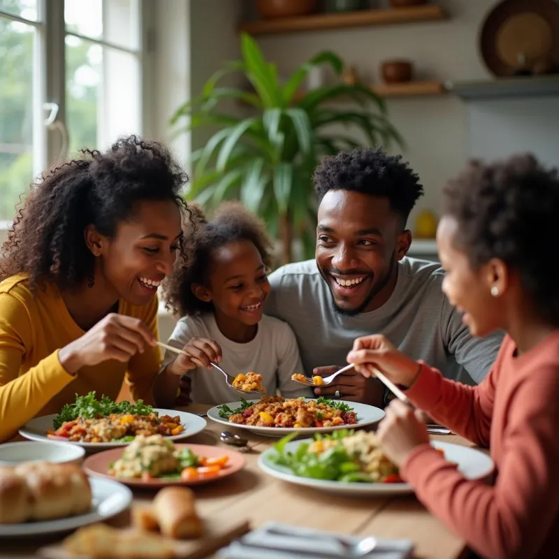 Family enjoying a vegan dinner together