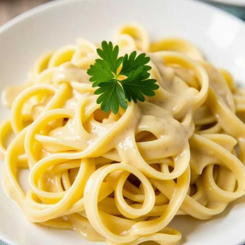 Plate of vegan fettuccine alfredo with fresh parsley