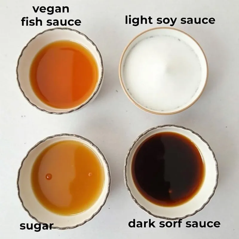 Vegan fish sauce, soy sauce, sugar, and dark soy sauce in small bowls