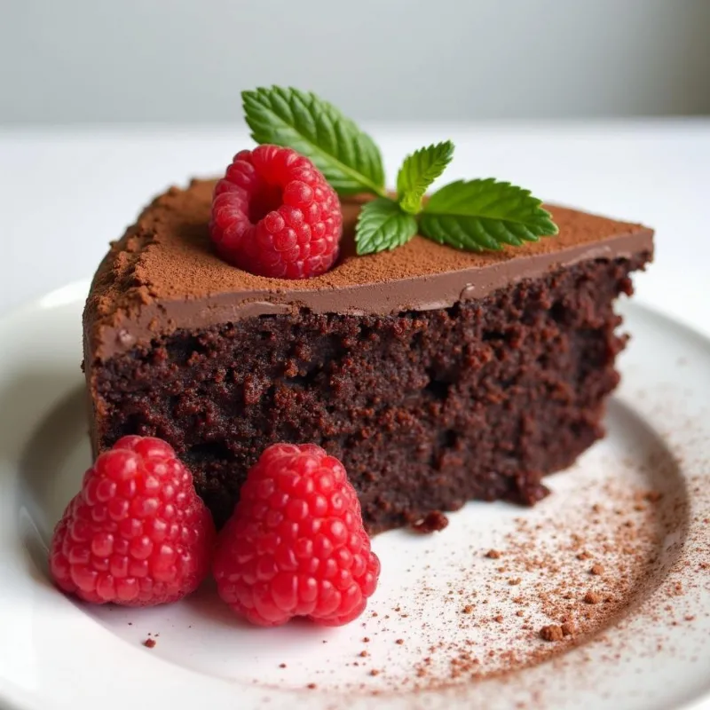 Slice of vegan flourless chocolate torte on a plate