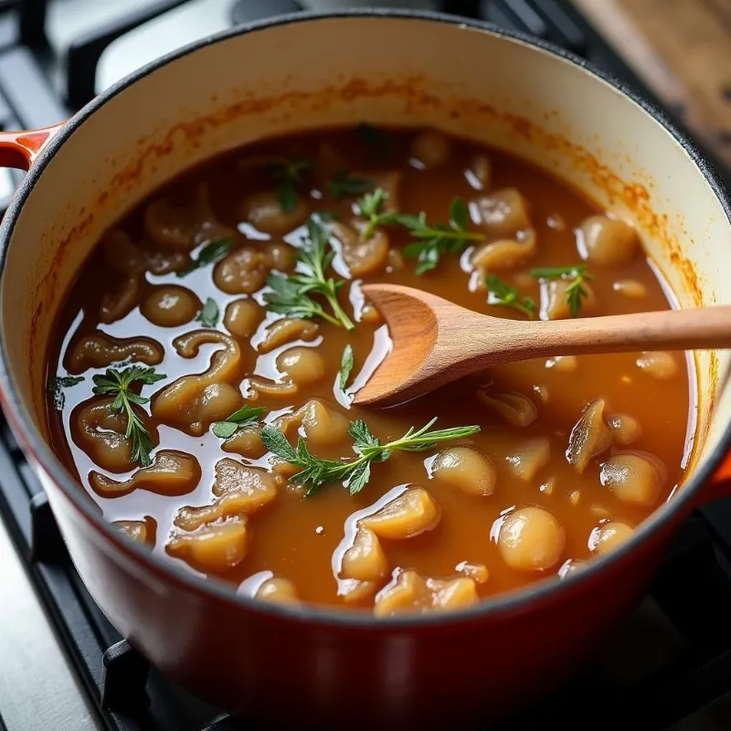 Vegan French onion soup simmering on the stovetop