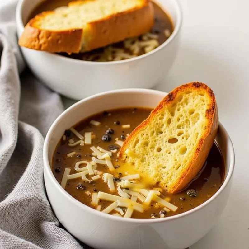 Two bowls of vegan French onion soup topped with toasted baguette slices and vegan cheese