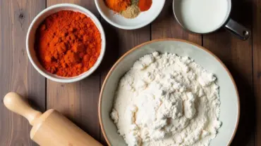 Vegan fried chicken ingredients laid out on a table