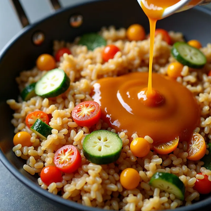 Adding Sauce to Vegan Fried Rice