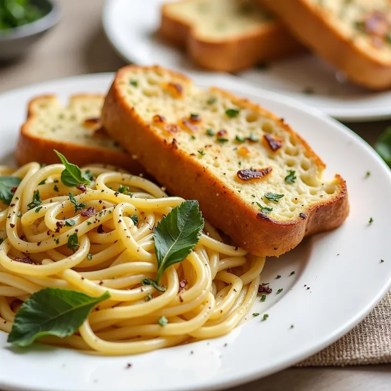 Vegan garlic bread served with pasta.