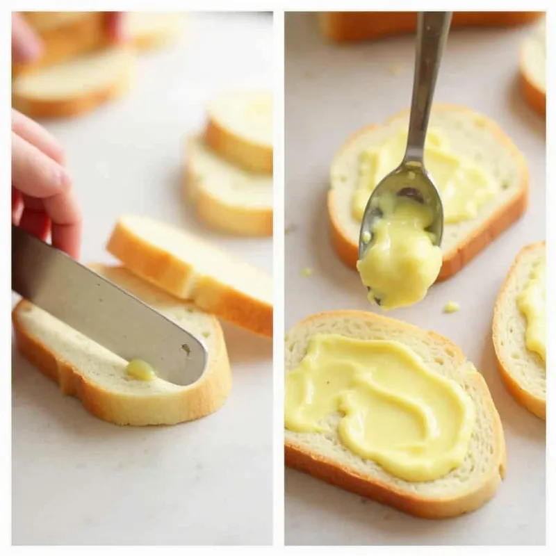 Slicing bread and spreading garlic butter.