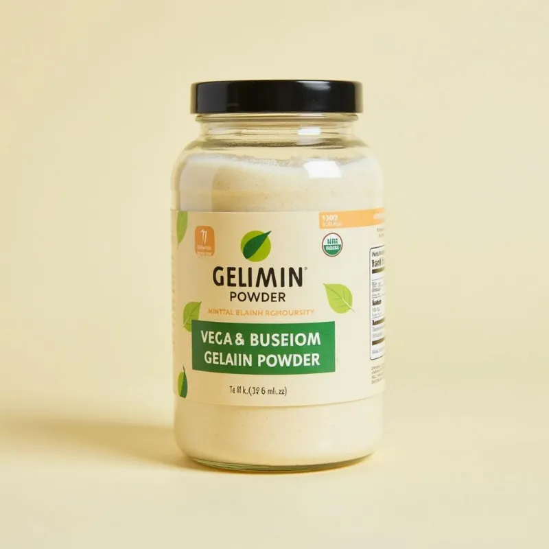 Vegan gelatin powder in a jar with a spoon