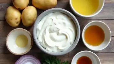 Vegan German potato salad ingredients laid out on a table