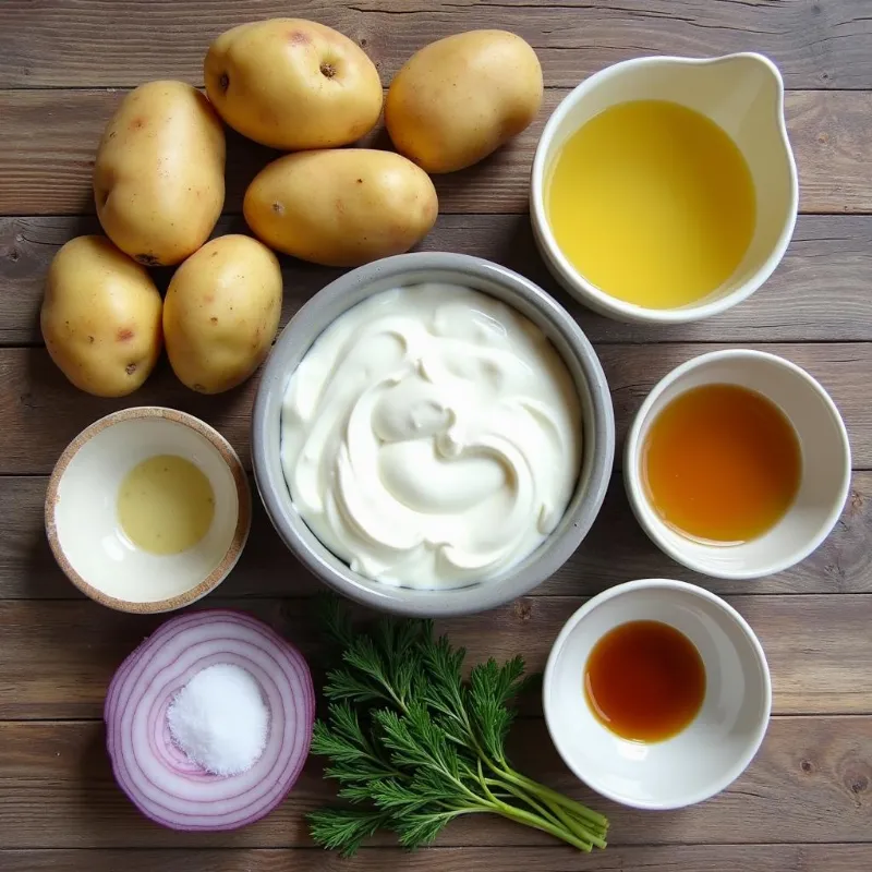 Vegan German potato salad ingredients laid out on a table