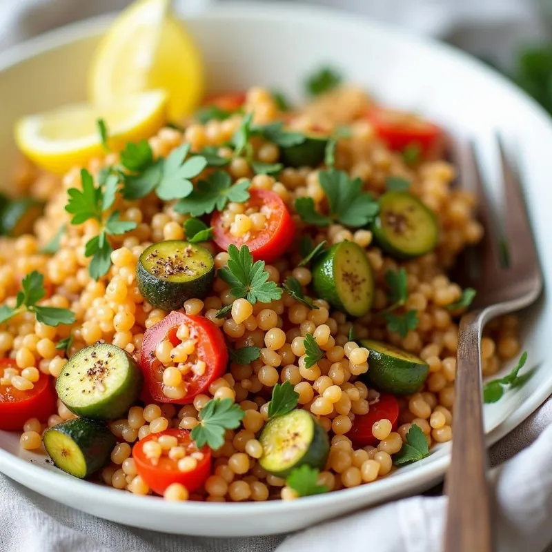 Serving vegan giant couscous with lemon wedges