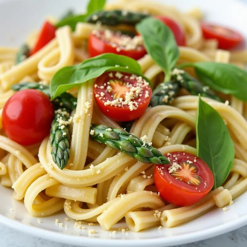 Plate of creamy vegan gluten-free pasta primavera