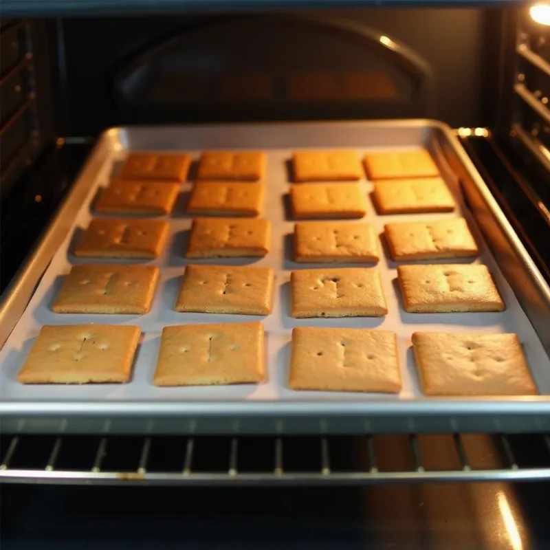 Vegan graham crackers baking on a parchment-lined baking sheet in the oven