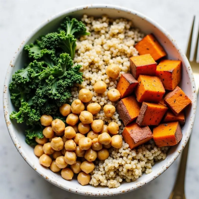 Close-up shot of a vegan grain bowl with roasted vegetables