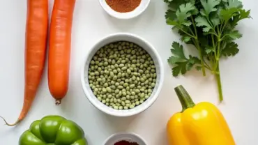 A colorful array of ingredients for vegan green lentil soup.