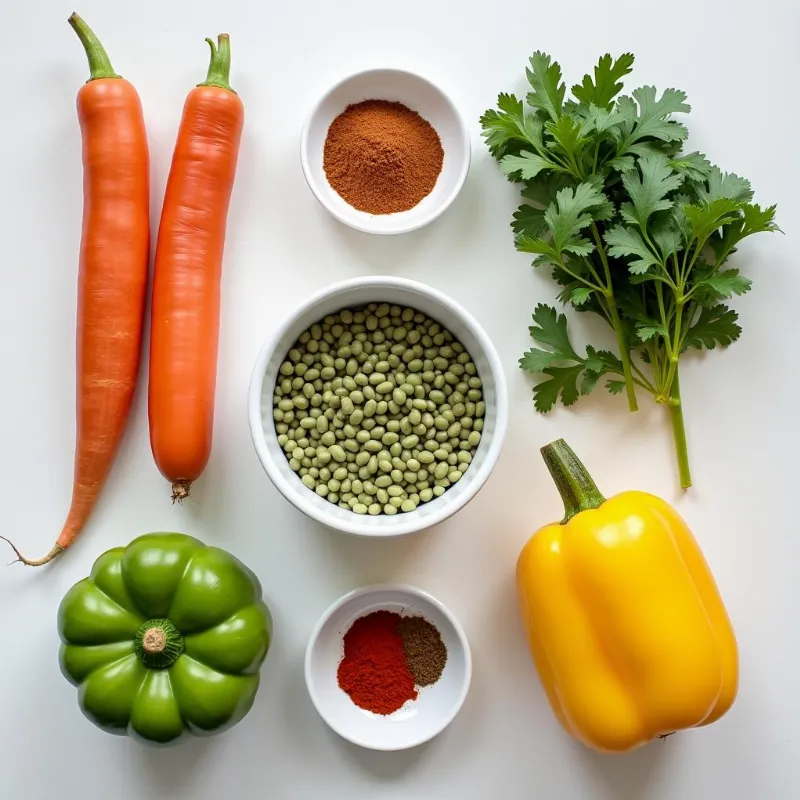 A colorful array of ingredients for vegan green lentil soup.