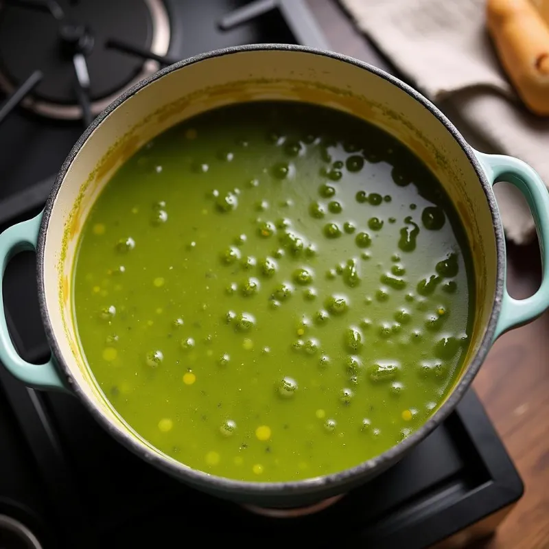 A pot of vegan green lentil soup simmering on the stovetop.