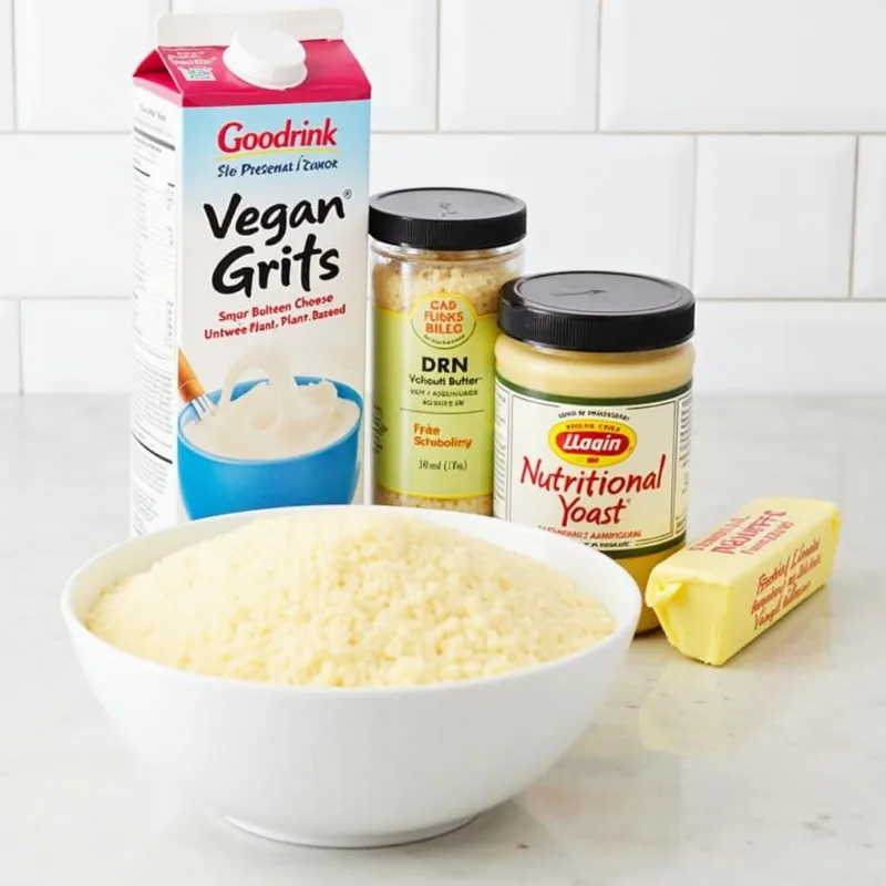 Ingredients for creamy and cheesy vegan grits, including plant milk and nutritional yeast