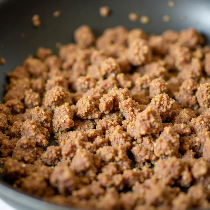 Vegan ground beef cooking on a pan