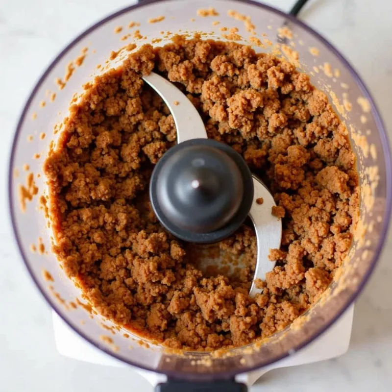 Vegan ground beef mixture in a food processor