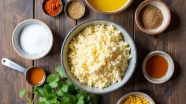 Vegan hash brown ingredients arranged on a wooden table