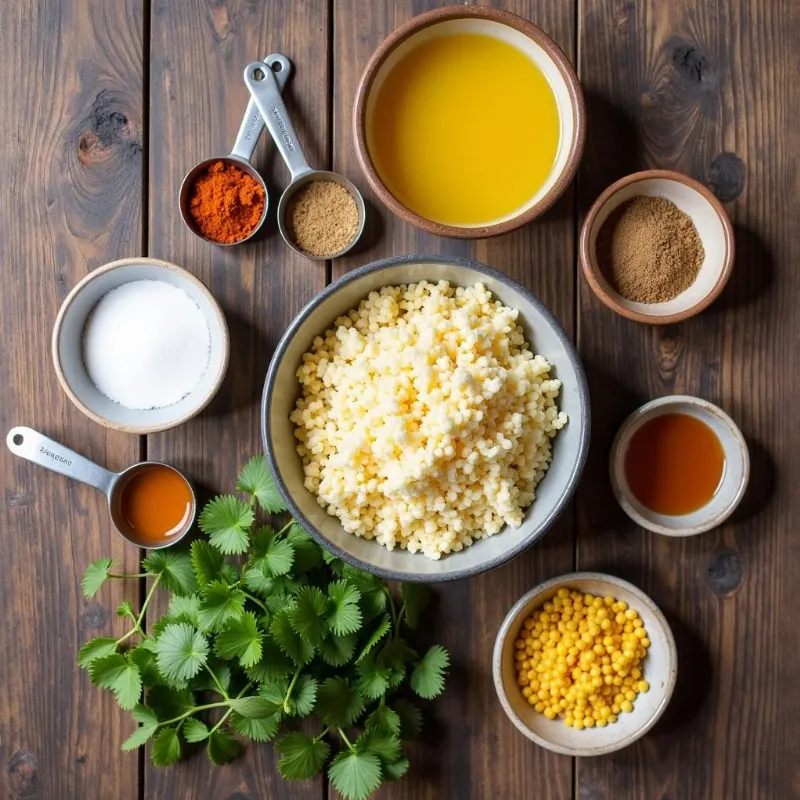 Vegan hash brown ingredients arranged on a wooden table