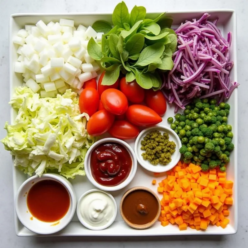 Variety of colorful vegan hot dog toppings arranged on a platter