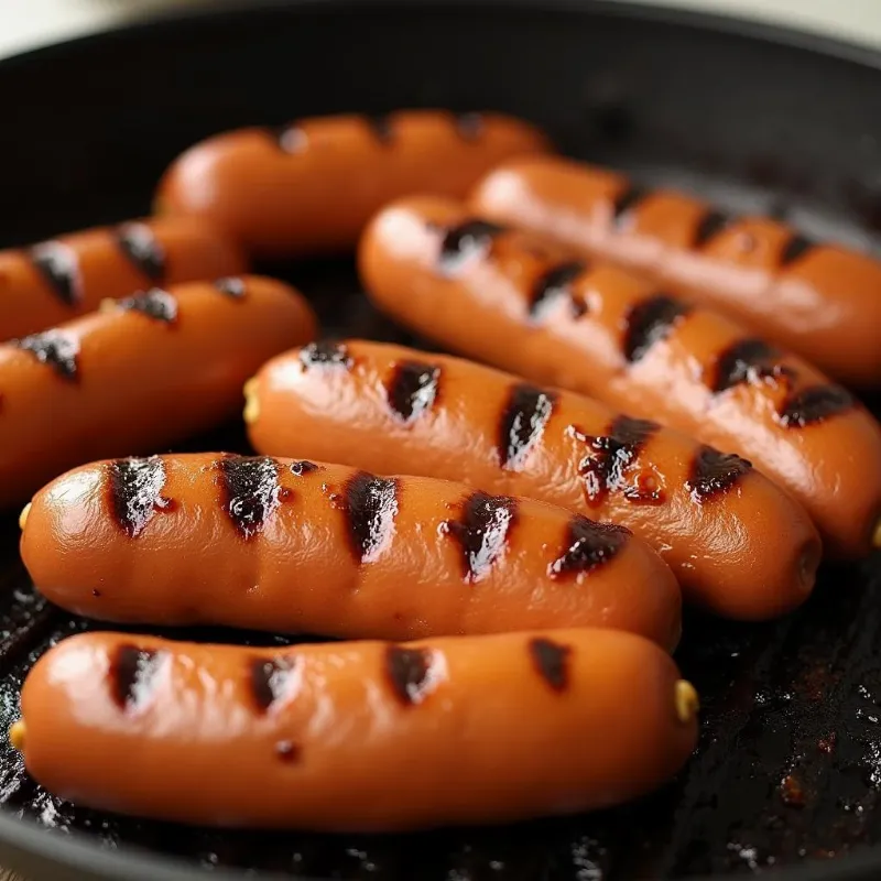 Vegan hot dogs cooking on a grill pan