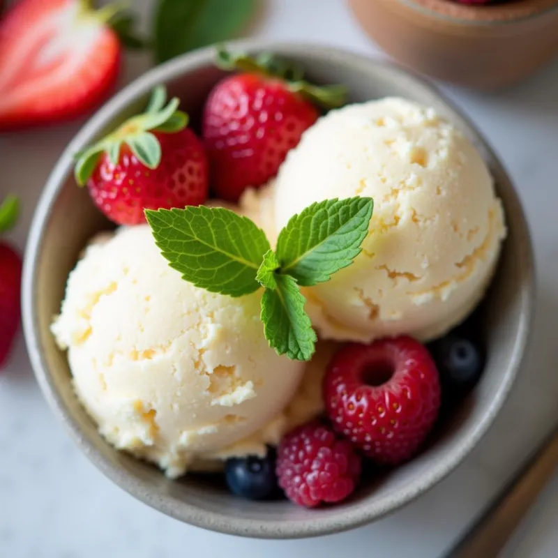 Scoops of vegan vanilla ice cream in a bowl