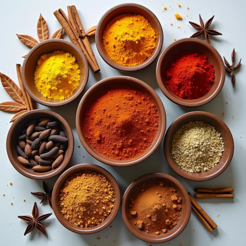 A colorful array of spices commonly used in vegan Indian curries.