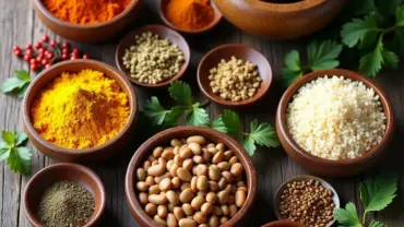 A colorful array of spices, lentils, and grains