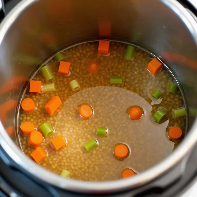 Lentils and vegetables simmering in vegetable broth inside an Instant Pot.