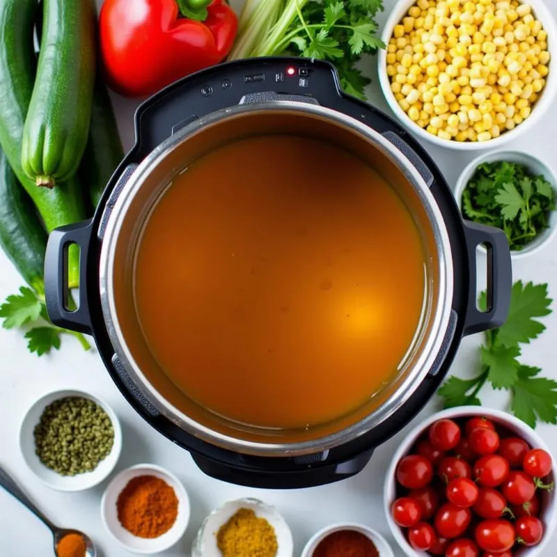 Fresh vegetables, herbs, and spices arranged around an Instant Pot.