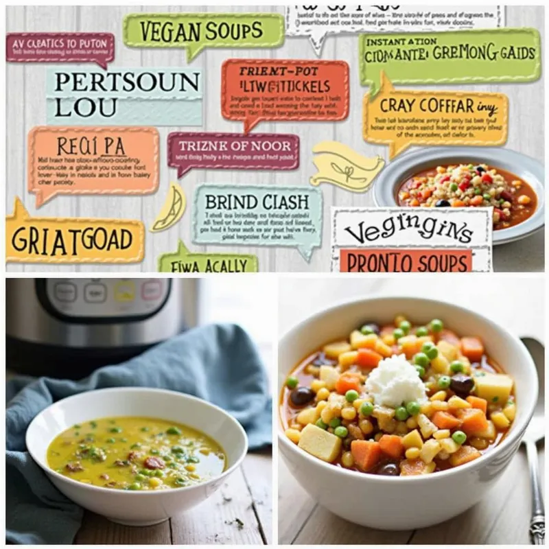 A selection of vegan soup recipe cards next to a bowl of soup and an Instant Pot.