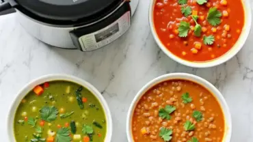 A variety of colorful vegan soups made in an Instant Pot.