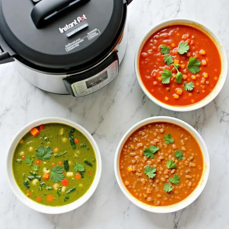 A variety of colorful vegan soups made in an Instant Pot.